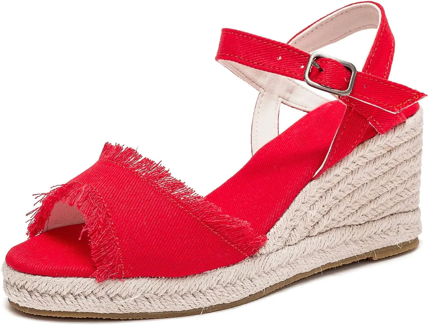 U-lite Peep Toe Canvas Espadrille Tassel Wedge Sandal for Women, Buckle Ankle Strap Flatform Casual Shoes