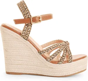 Wedge Sandals for Women with Woven Raffia Upper, High Heel Espadrille Platform Sandals with Braided Knot Ankle Strap Sandals