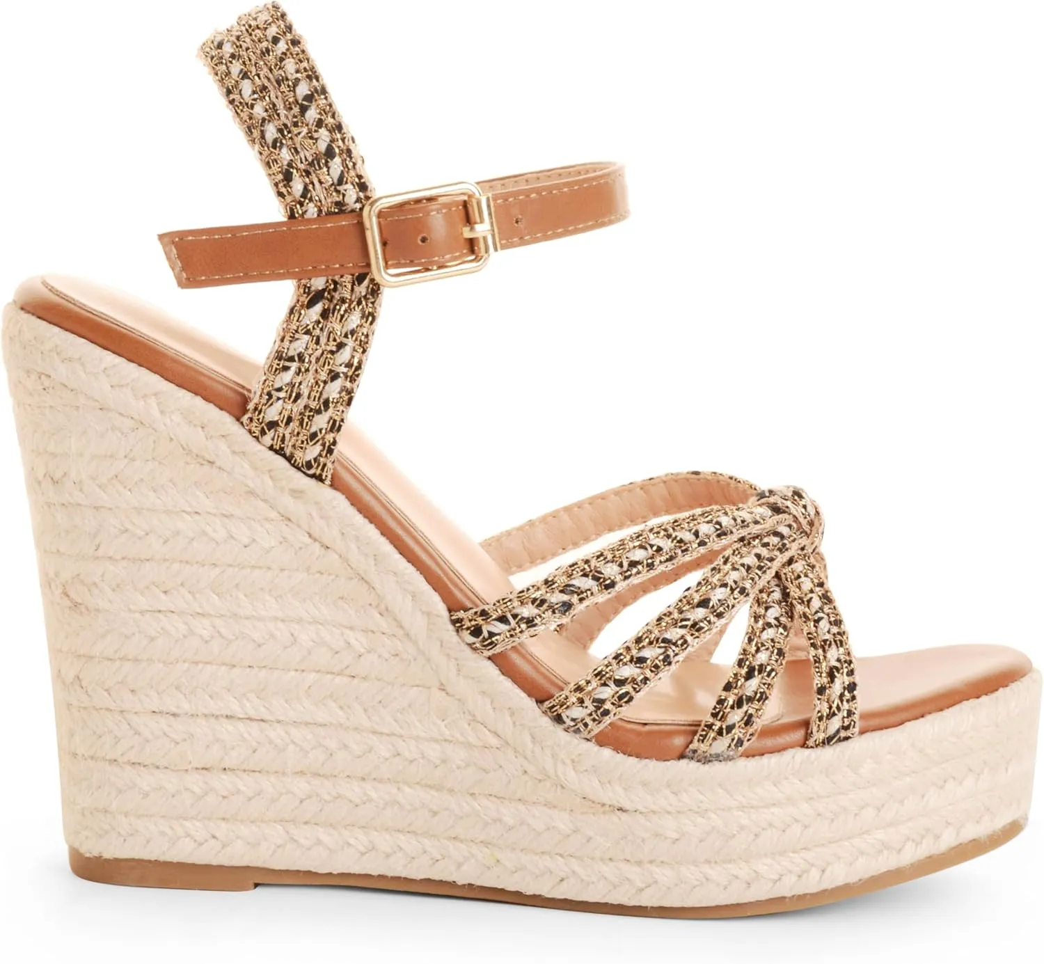 Wedge Sandals for Women with Woven Raffia Upper, High Heel Espadrille Platform Sandals with Braided Knot Ankle Strap Sandals