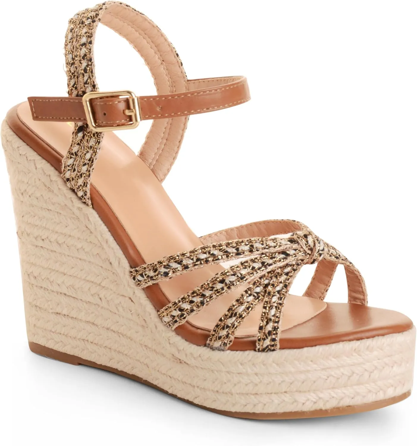 Wedge Sandals for Women with Woven Raffia Upper, High Heel Espadrille Platform Sandals with Braided Knot Ankle Strap Sandals