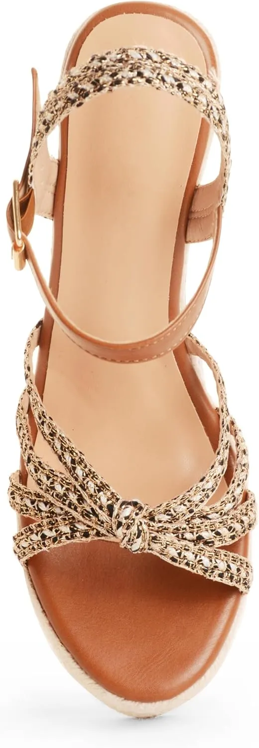 Wedge Sandals for Women with Woven Raffia Upper, High Heel Espadrille Platform Sandals with Braided Knot Ankle Strap Sandals