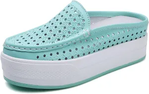 WENOREG Women's Leather Hollow Out Closed Toe Mule Sandals,Summer Casual Slip on Mesh Backless Comfort Flat Walking Loafers Non-Slip Breathable Beach Slippers Sandals