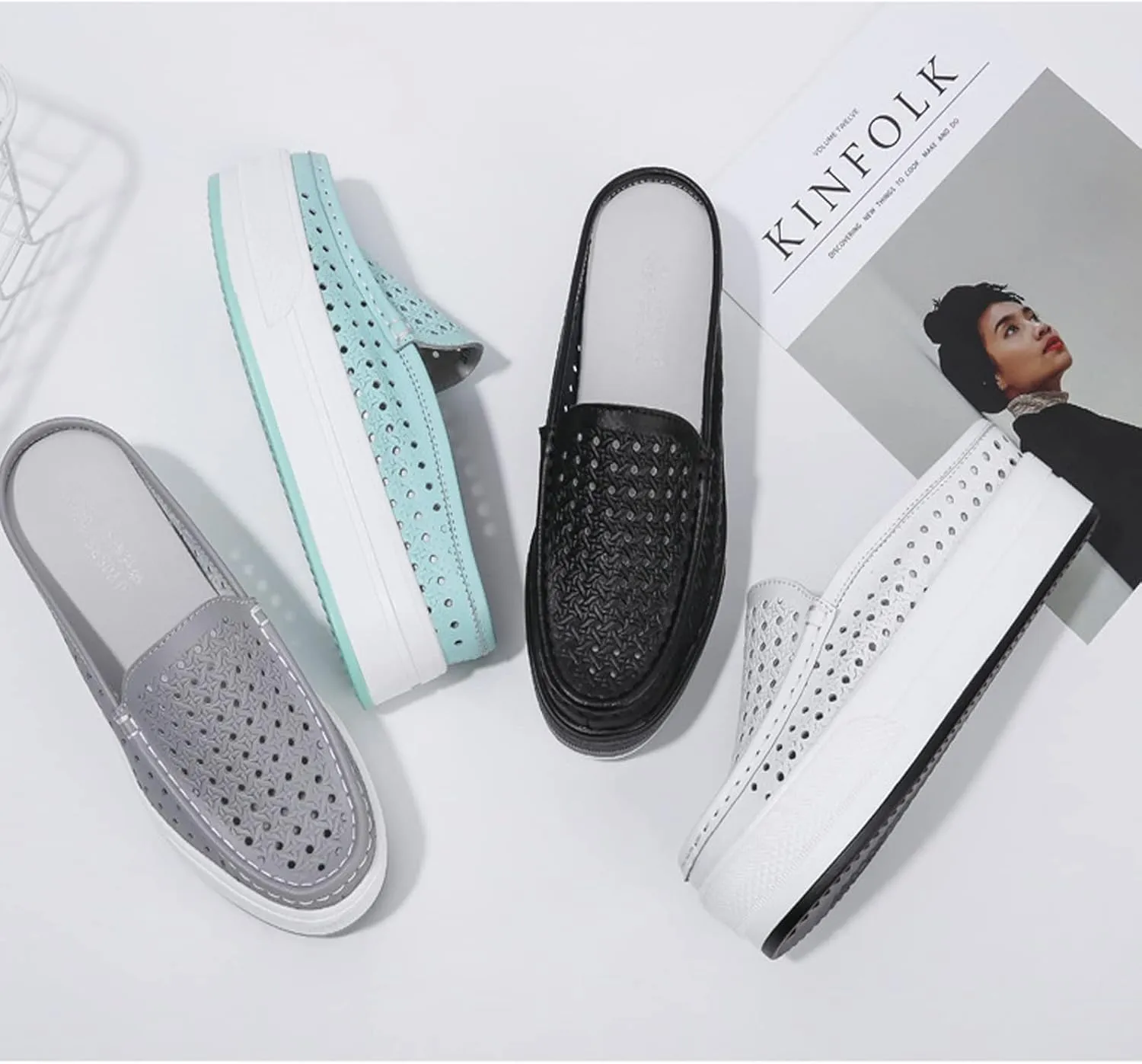 WENOREG Women's Leather Hollow Out Closed Toe Mule Sandals,Summer Casual Slip on Mesh Backless Comfort Flat Walking Loafers Non-Slip Breathable Beach Slippers Sandals