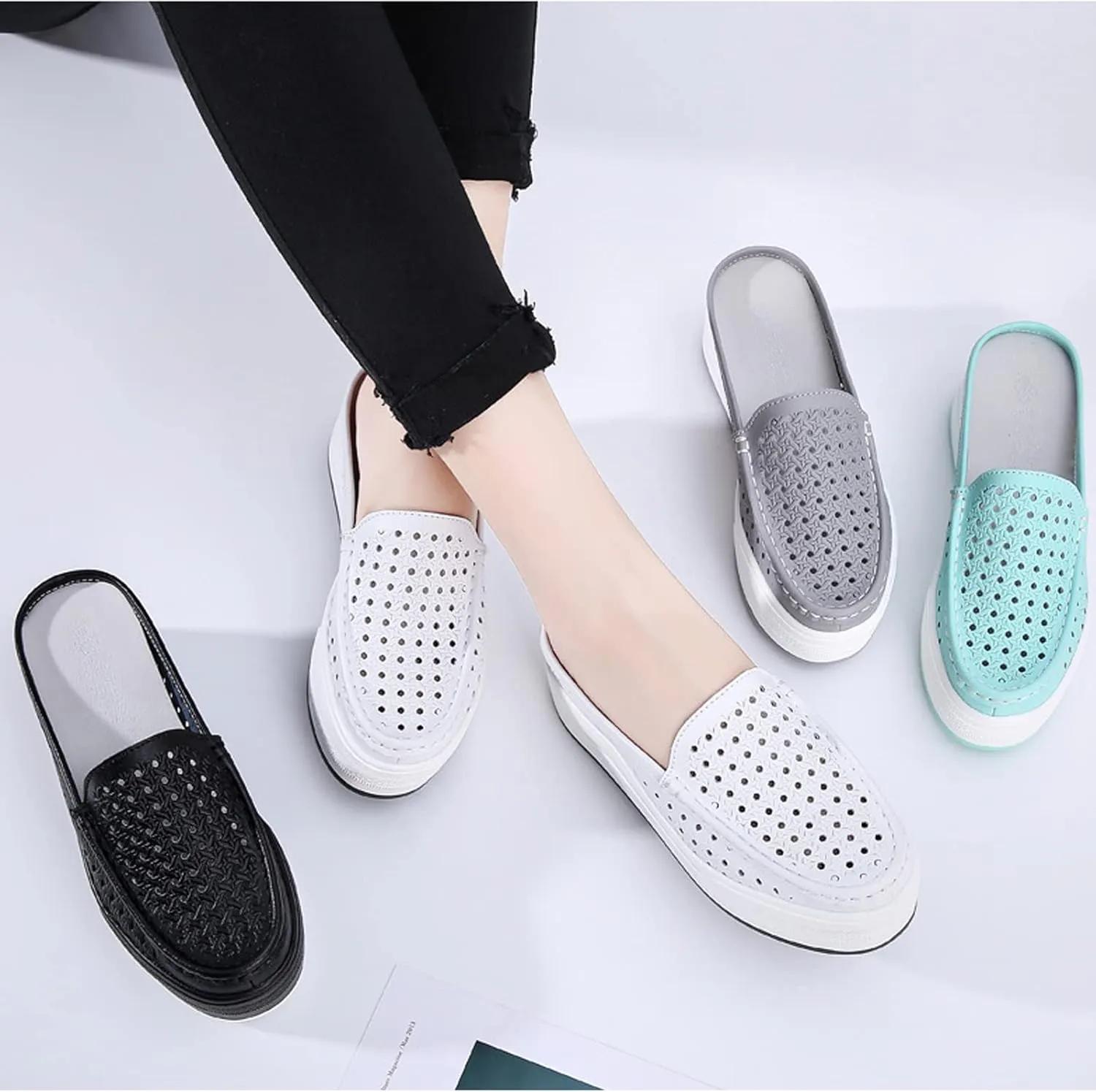 WENOREG Women's Leather Hollow Out Closed Toe Mule Sandals,Summer Casual Slip on Mesh Backless Comfort Flat Walking Loafers Non-Slip Breathable Beach Slippers Sandals