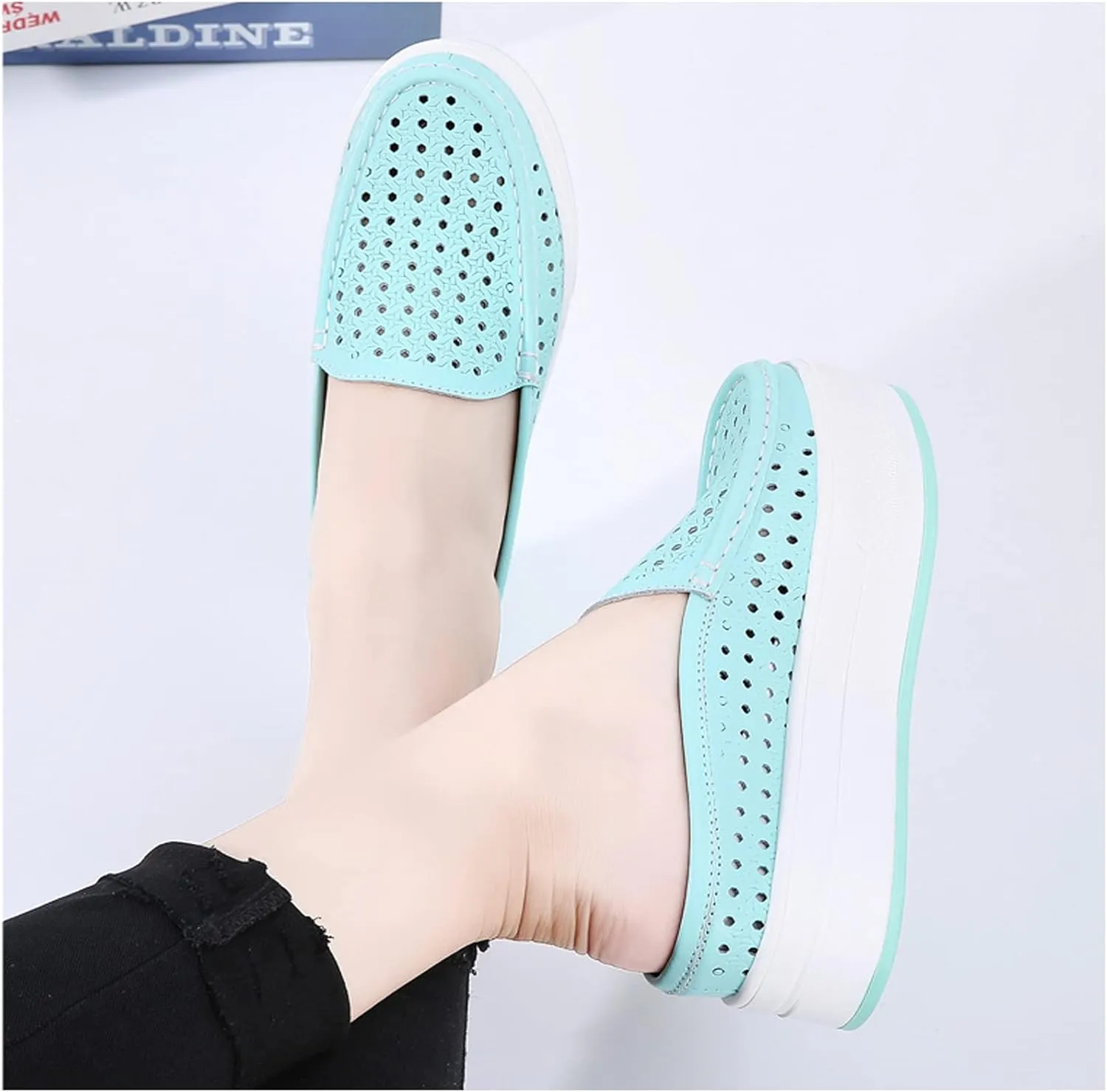 WENOREG Women's Leather Hollow Out Closed Toe Mule Sandals,Summer Casual Slip on Mesh Backless Comfort Flat Walking Loafers Non-Slip Breathable Beach Slippers Sandals