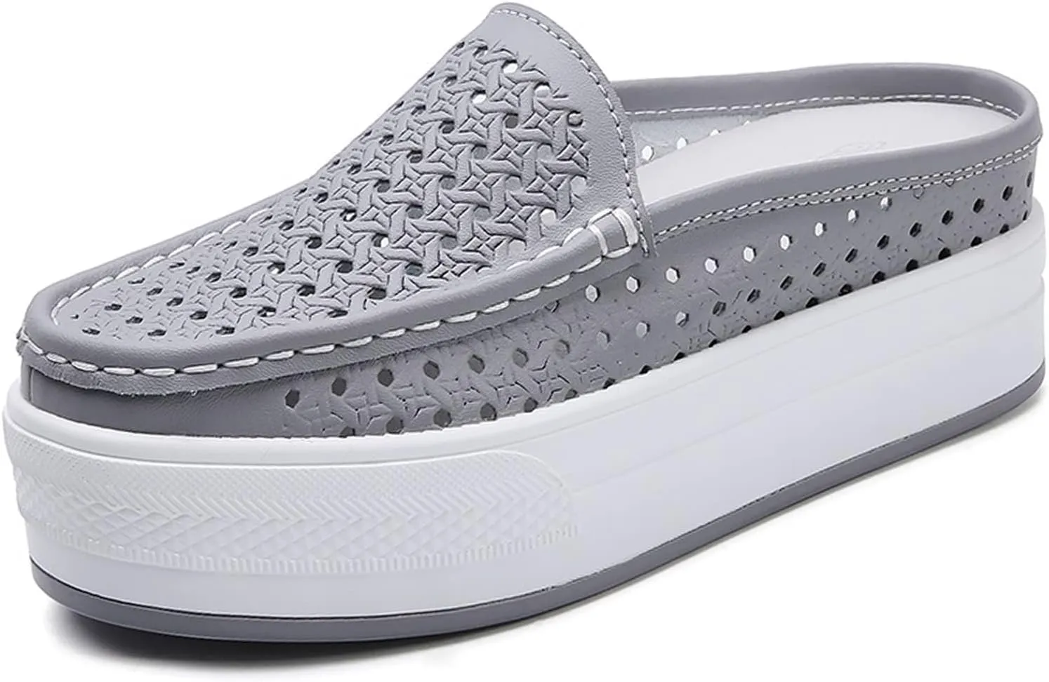 WENOREG Women's Leather Hollow Out Closed Toe Mule Sandals,Summer Casual Slip on Mesh Backless Comfort Flat Walking Loafers Non-Slip Breathable Beach Slippers Sandals
