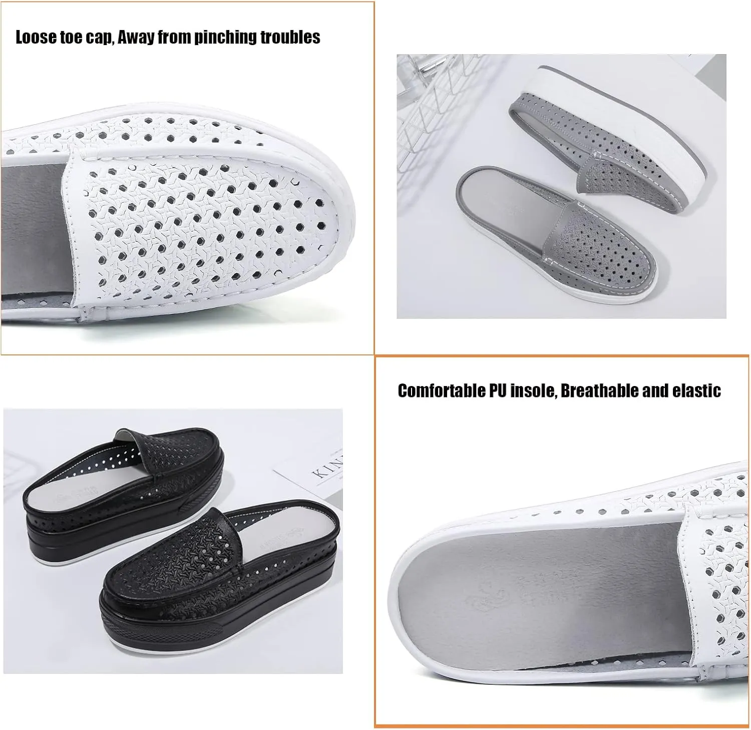 WENOREG Women's Leather Hollow Out Closed Toe Mule Sandals,Summer Casual Slip on Mesh Backless Comfort Flat Walking Loafers Non-Slip Breathable Beach Slippers Sandals