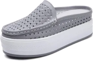 WENOREG Women's Leather Hollow Out Closed Toe Mule Sandals,Summer Casual Slip on Mesh Backless Comfort Flat Walking Loafers Non-Slip Breathable Beach Slippers Sandals