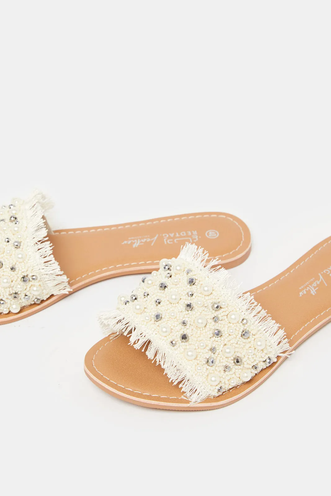 Women Ivory Pearl Trim Mule