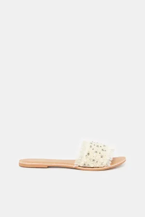 Women Ivory Pearl Trim Mule