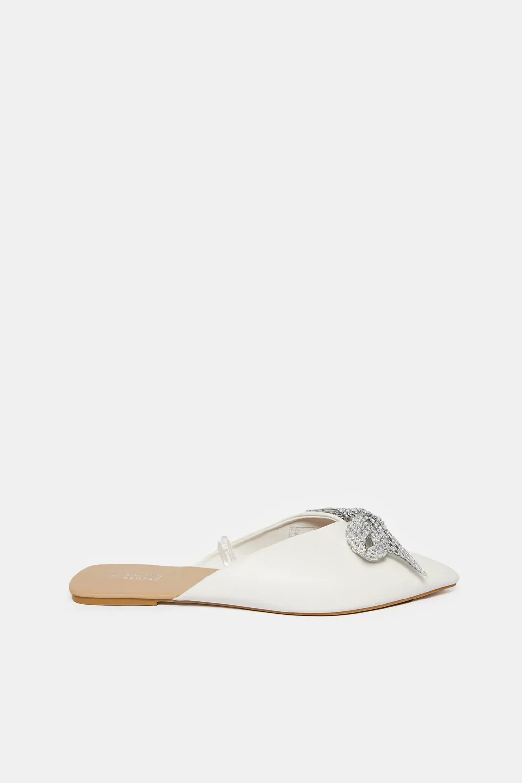 Women White Embellished Bow Trim Mule