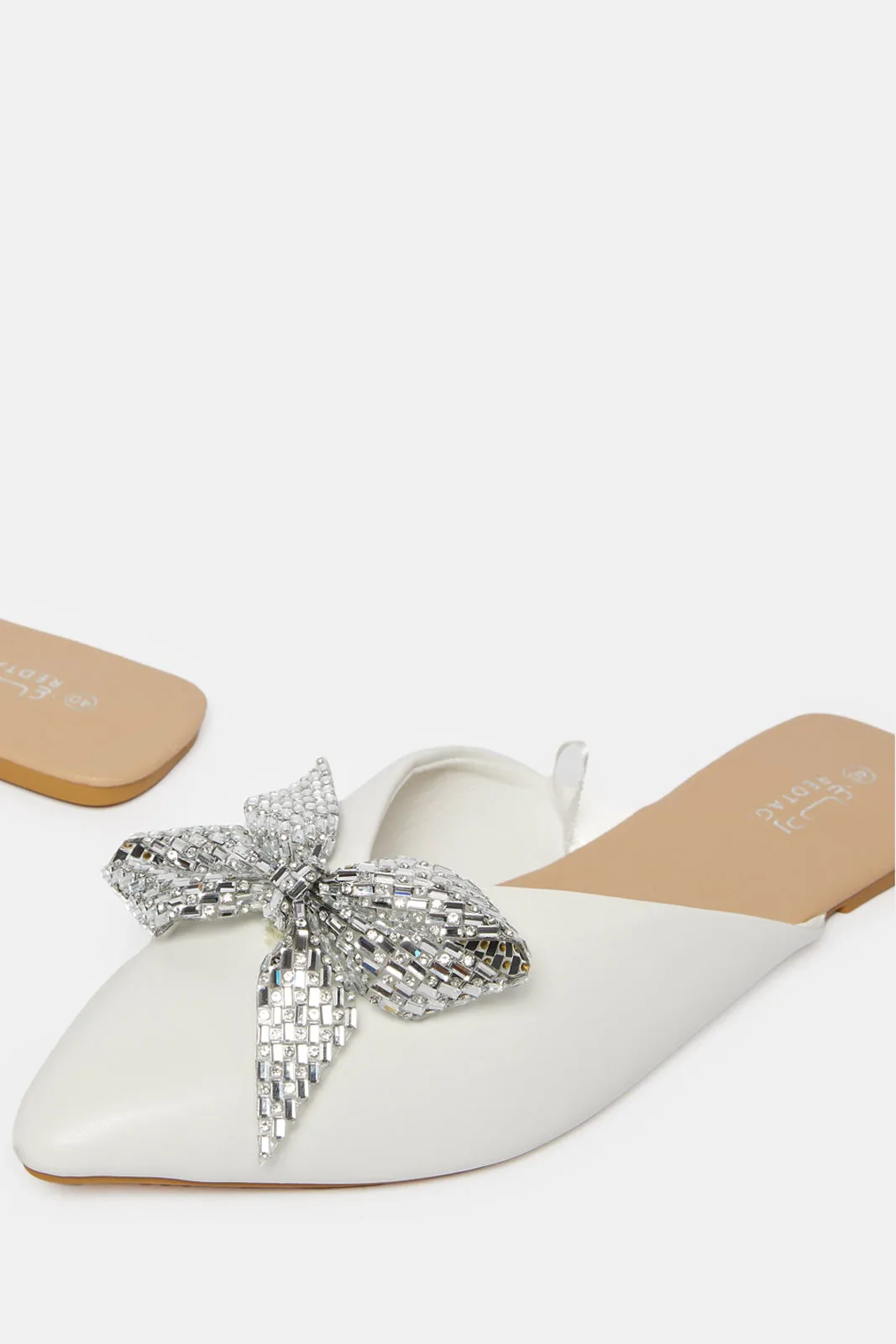 Women White Embellished Bow Trim Mule