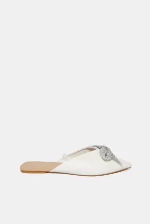 Women White Embellished Bow Trim Mule