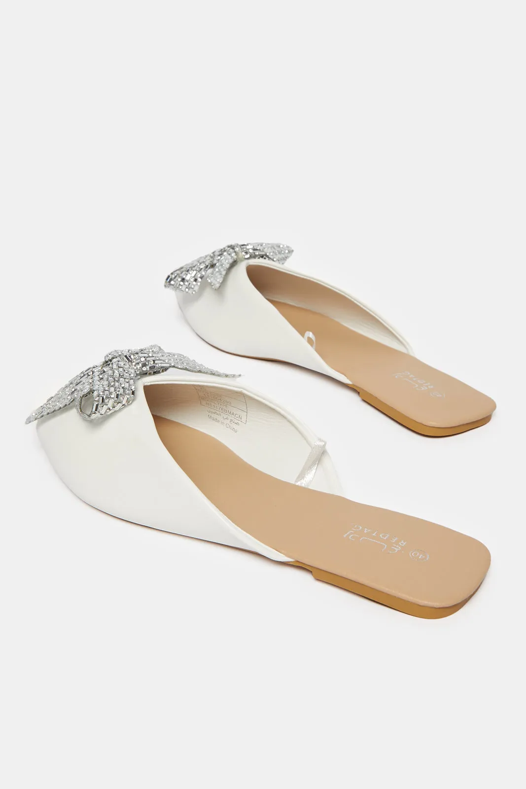 Women White Embellished Bow Trim Mule