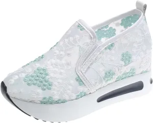 Women's Fashion Sneakers Summer Platform Shoes Hidden Wedge High Top Walking Sneakers Embroidery Floral Mesh Slip On Loafers Casual Shoes with Arch Support