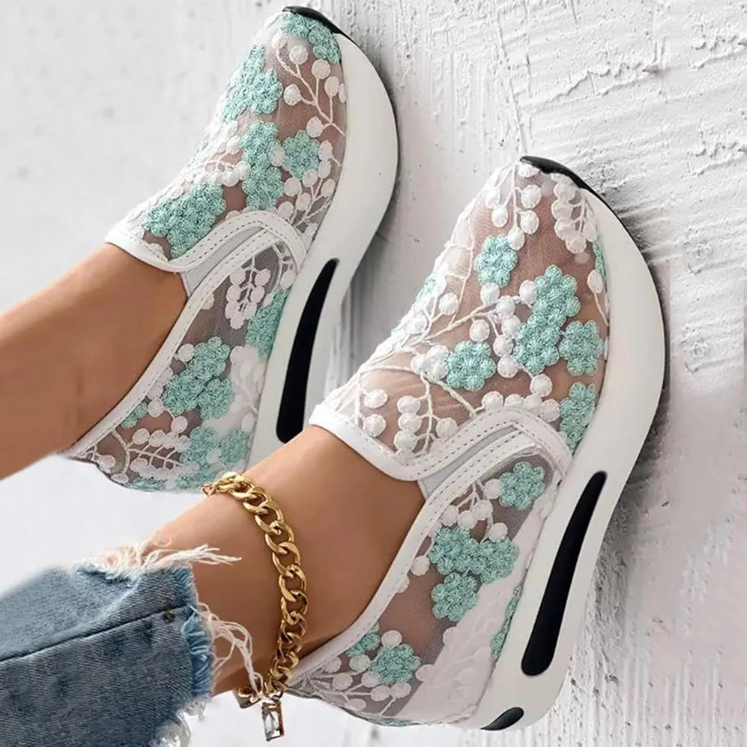 Women's Fashion Sneakers Summer Platform Shoes Hidden Wedge High Top Walking Sneakers Embroidery Floral Mesh Slip On Loafers Casual Shoes with Arch Support