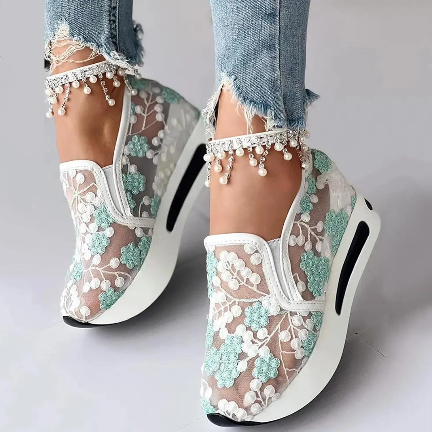 Women's Fashion Sneakers Summer Platform Shoes Hidden Wedge High Top Walking Sneakers Embroidery Floral Mesh Slip On Loafers Casual Shoes with Arch Support