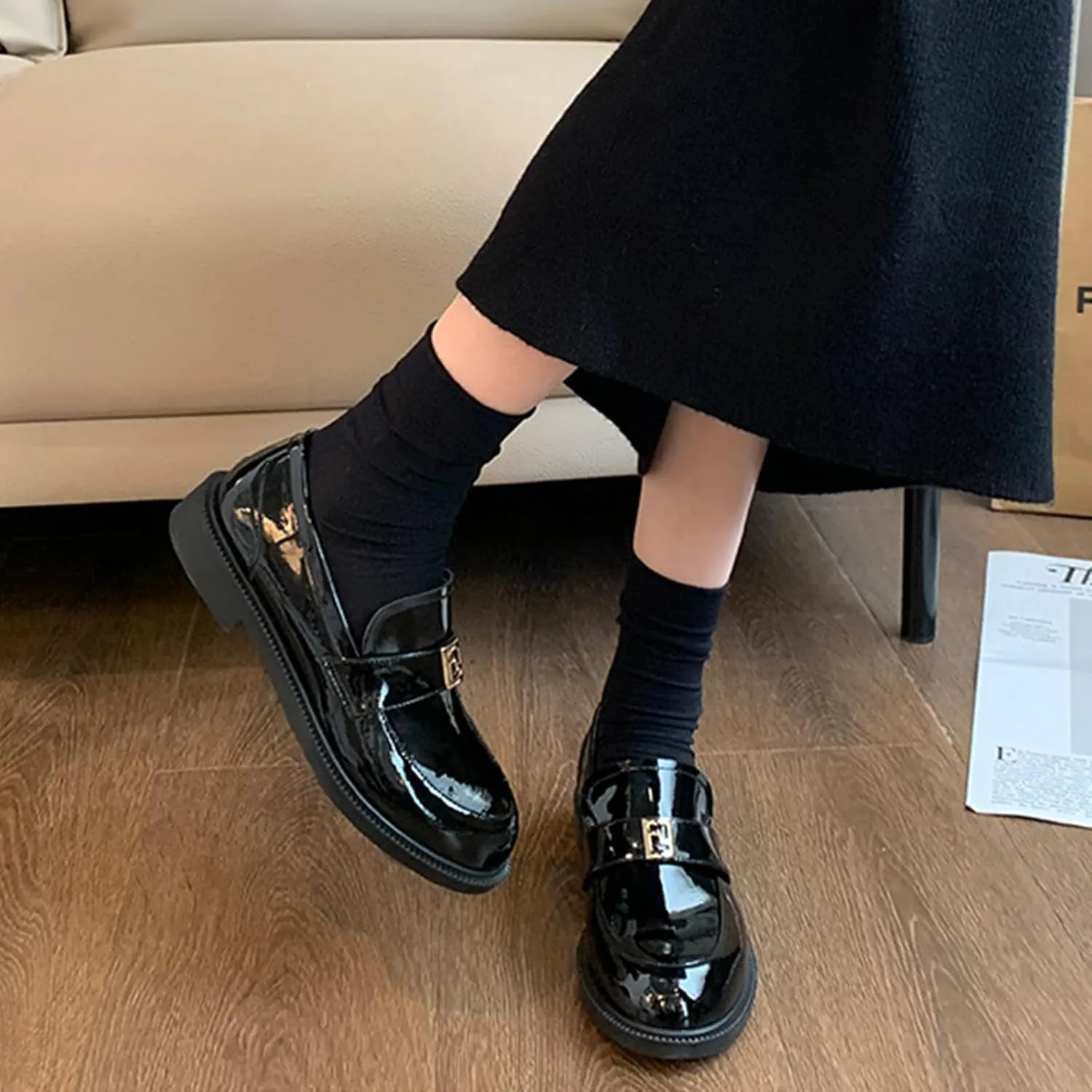 Women's Genuine Leather Slip on Loafers Fashion Mirror Luxury Round Toe Low Block Heel Non-Slip Dress Shoes Daily Business Work Office Casual Shoes