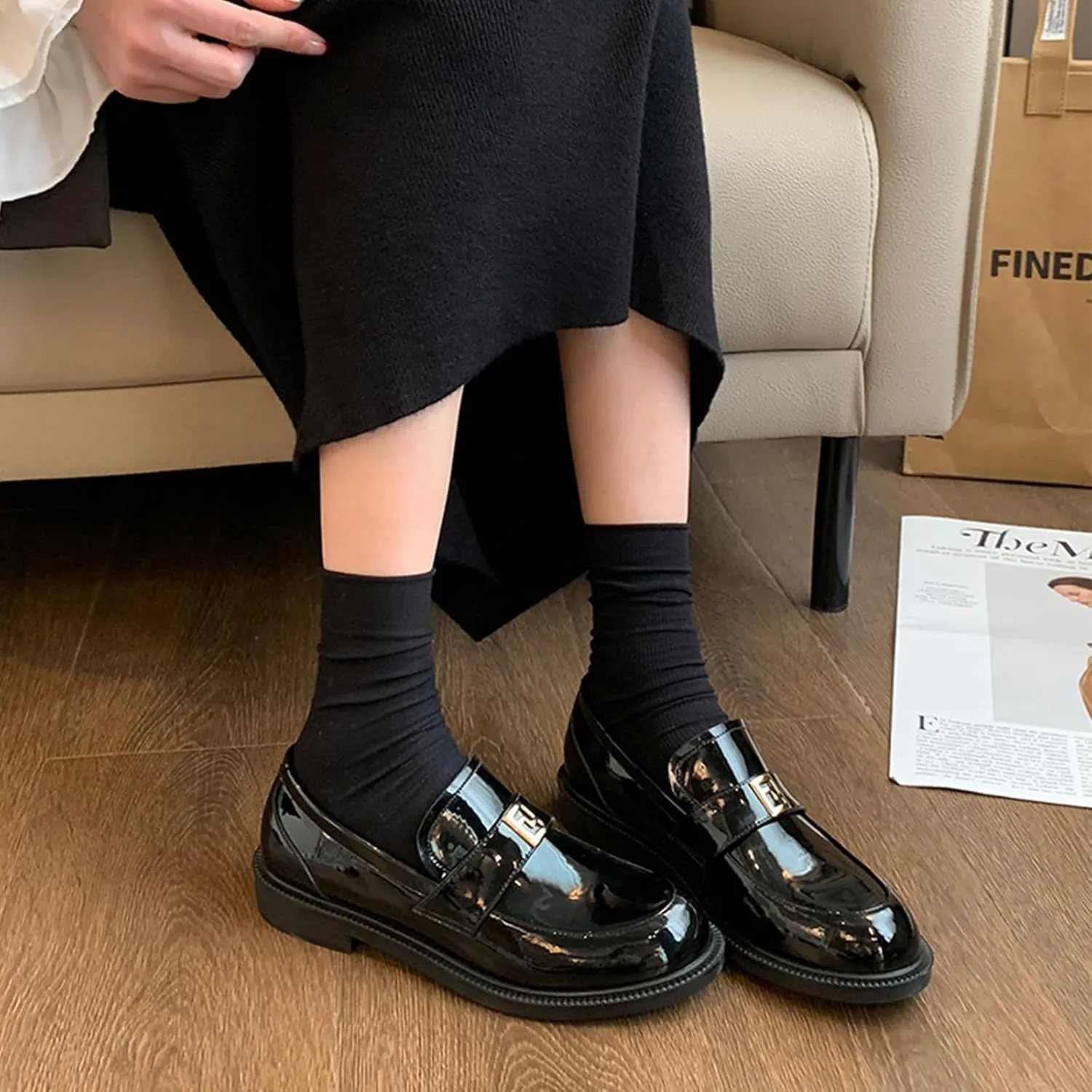 Women's Genuine Leather Slip on Loafers Fashion Mirror Luxury Round Toe Low Block Heel Non-Slip Dress Shoes Daily Business Work Office Casual Shoes