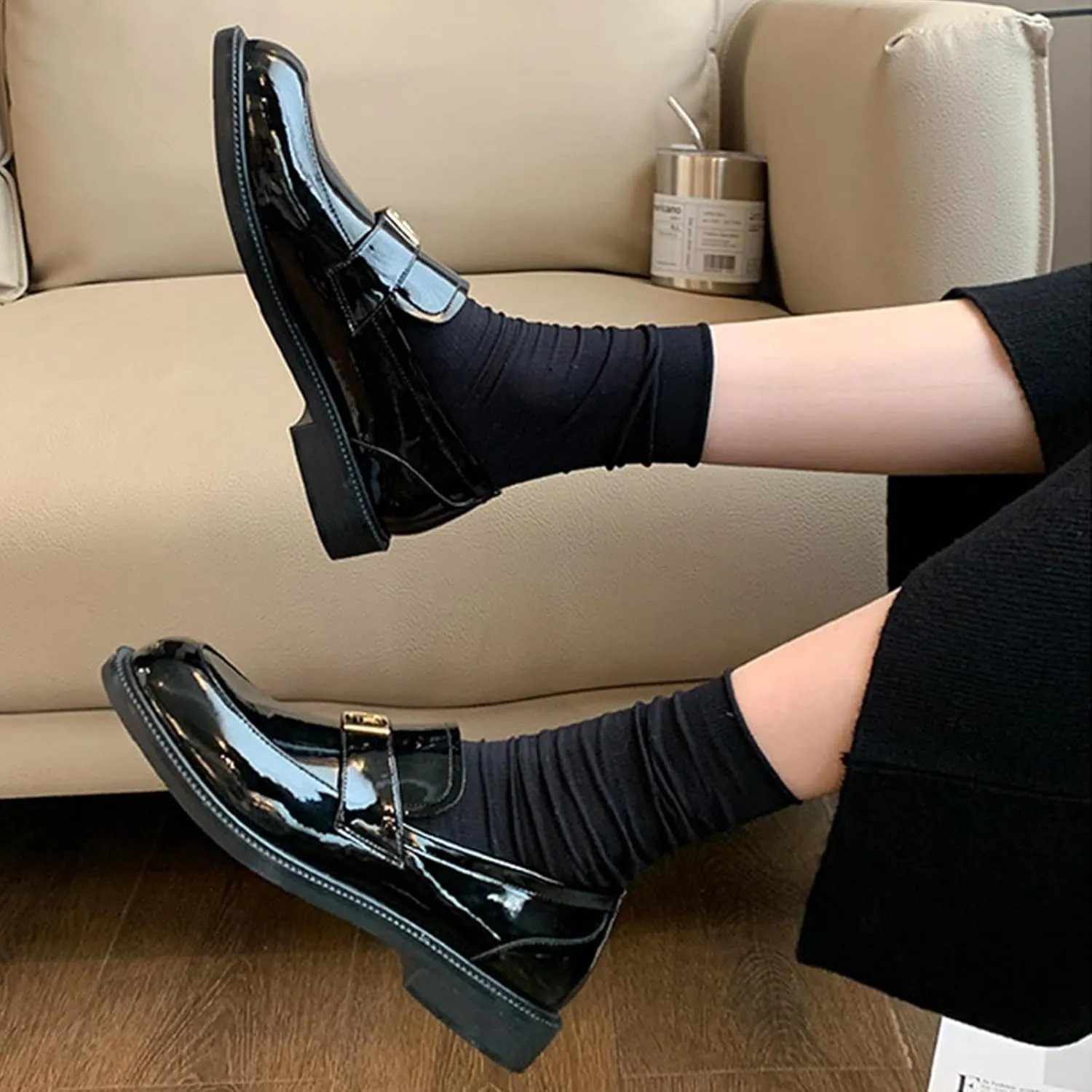 Women's Genuine Leather Slip on Loafers Fashion Mirror Luxury Round Toe Low Block Heel Non-Slip Dress Shoes Daily Business Work Office Casual Shoes