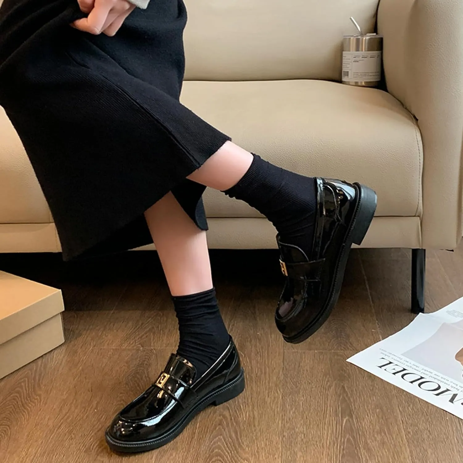 Women's Genuine Leather Slip on Loafers Fashion Mirror Luxury Round Toe Low Block Heel Non-Slip Dress Shoes Daily Business Work Office Casual Shoes