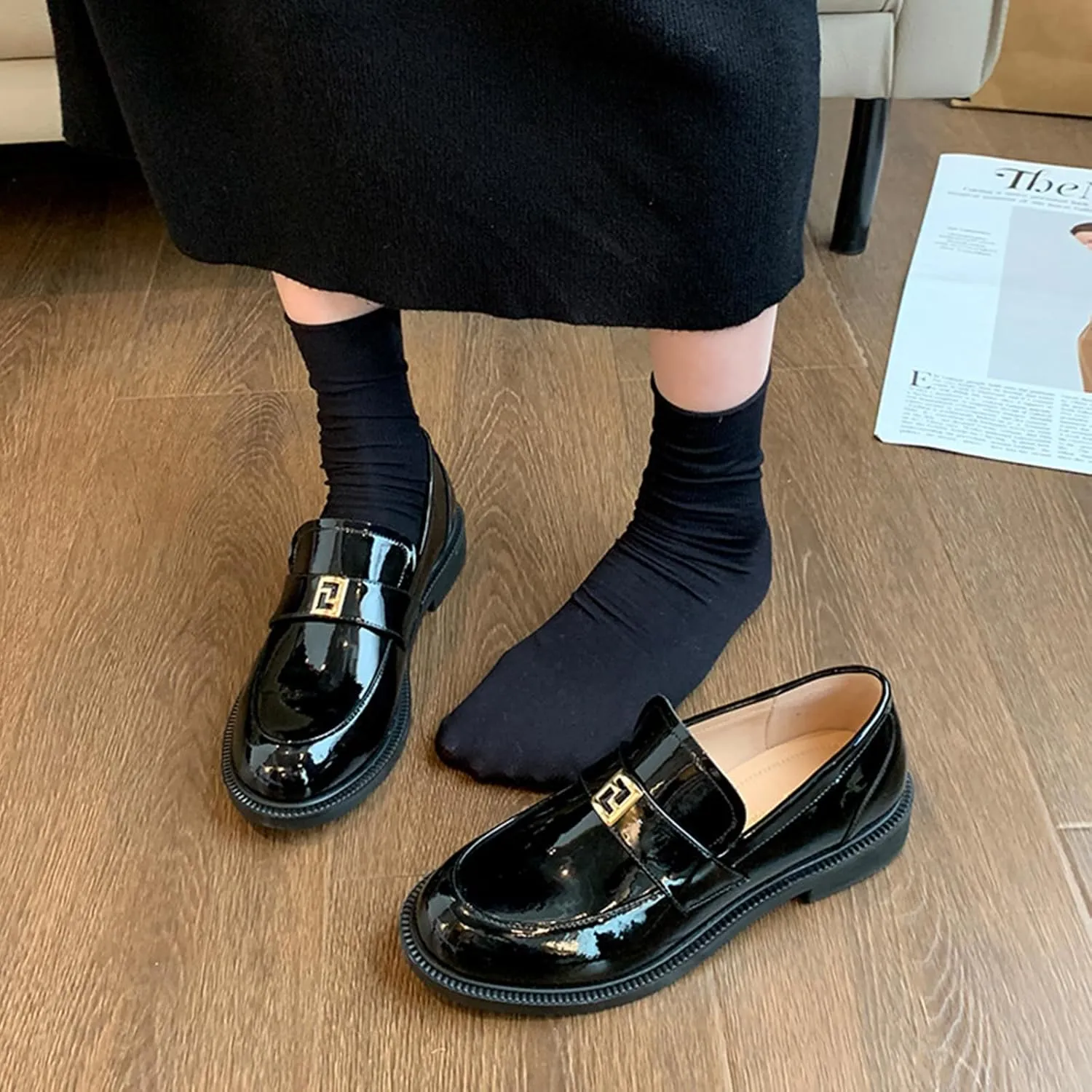 Women's Genuine Leather Slip on Loafers Fashion Mirror Luxury Round Toe Low Block Heel Non-Slip Dress Shoes Daily Business Work Office Casual Shoes