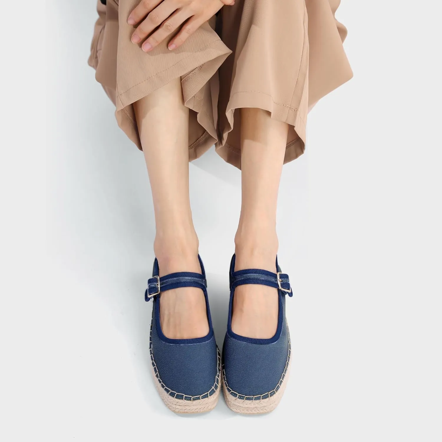 Women's Mary Jane Woven Espadrilles Ballet Flats for Women Outsole Canvas Summer Ballerina Flats.