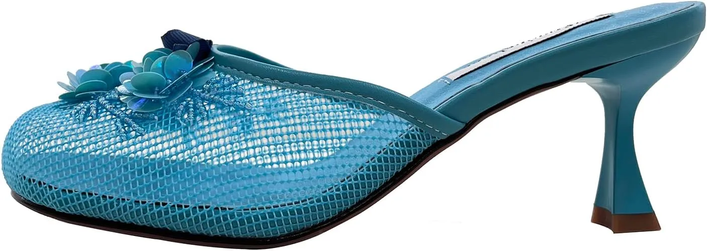 Women's Mesh Mule Slip On Sandals With Floral Sequin Embellishments Round Toe Middle Heel Slides Slippers 2.5 Inch