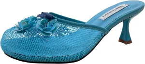 Women's Mesh Mule Slip On Sandals With Floral Sequin Embellishments Round Toe Middle Heel Slides Slippers 2.5 Inch