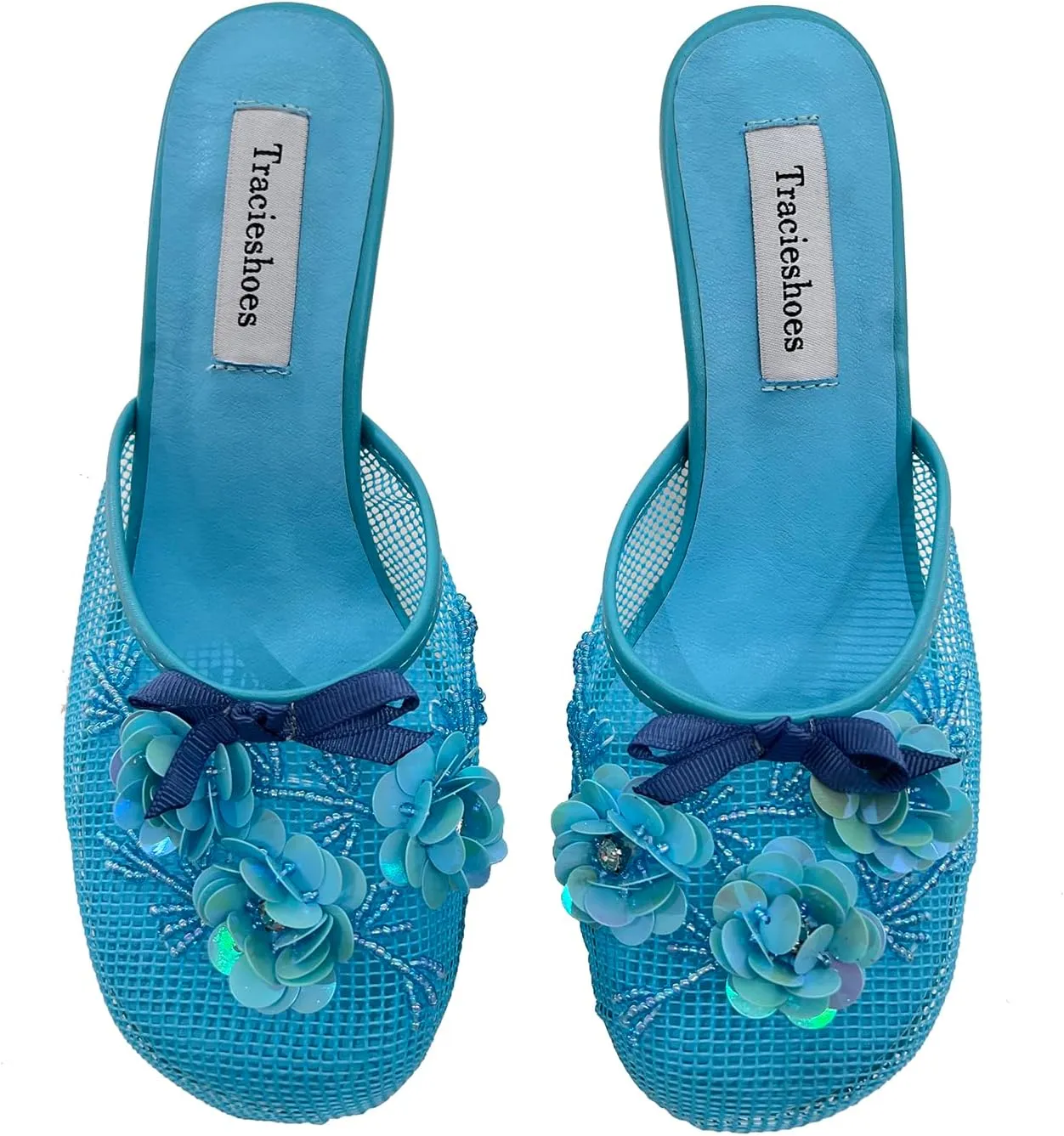 Women's Mesh Mule Slip On Sandals With Floral Sequin Embellishments Round Toe Middle Heel Slides Slippers 2.5 Inch