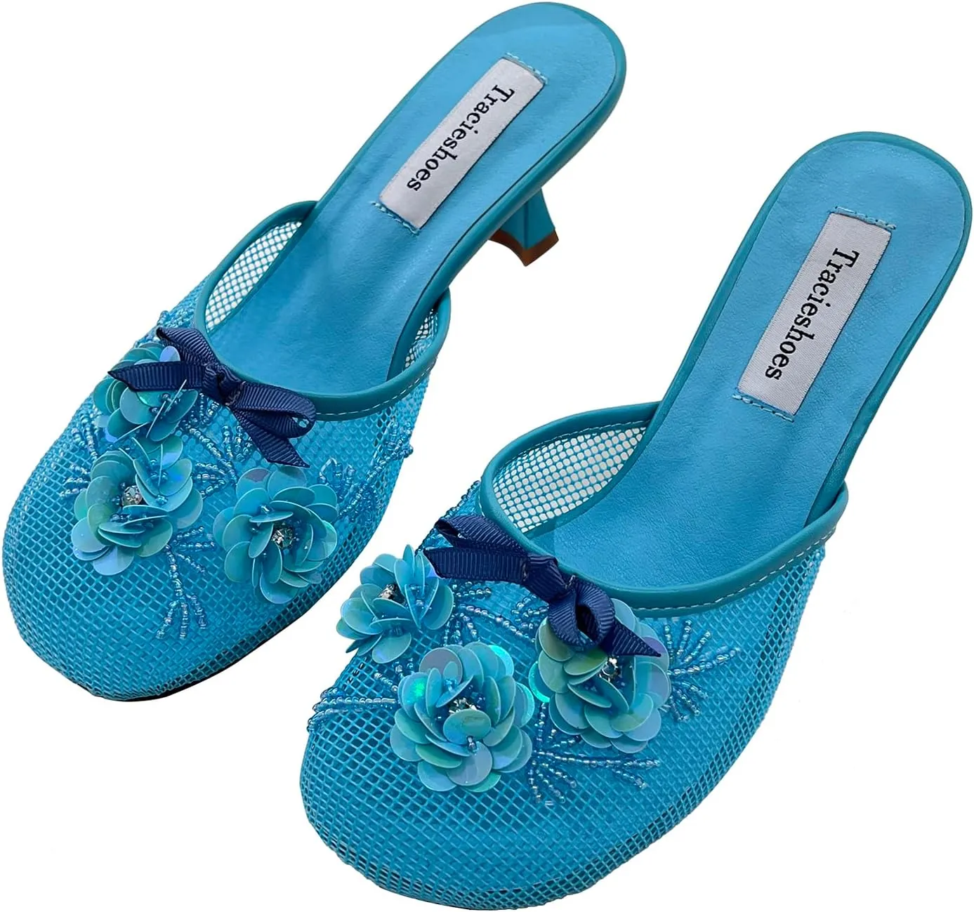 Women's Mesh Mule Slip On Sandals With Floral Sequin Embellishments Round Toe Middle Heel Slides Slippers 2.5 Inch