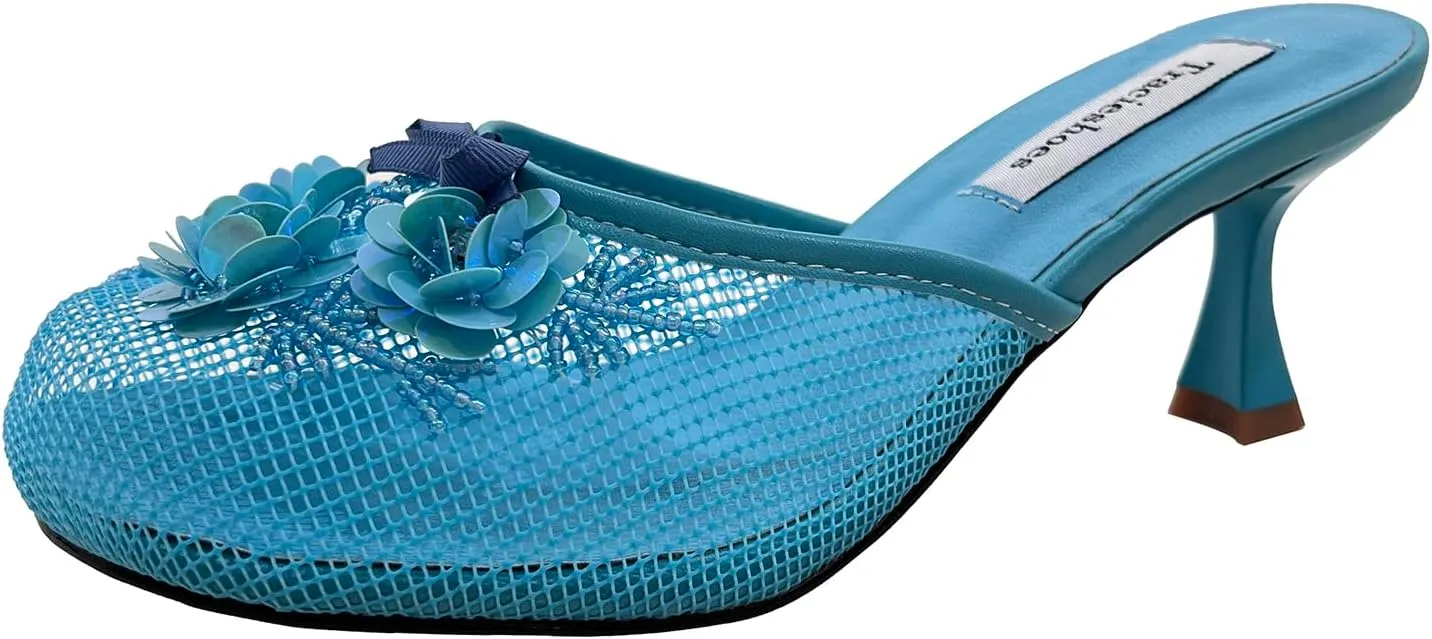 Women's Mesh Mule Slip On Sandals With Floral Sequin Embellishments Round Toe Middle Heel Slides Slippers 2.5 Inch