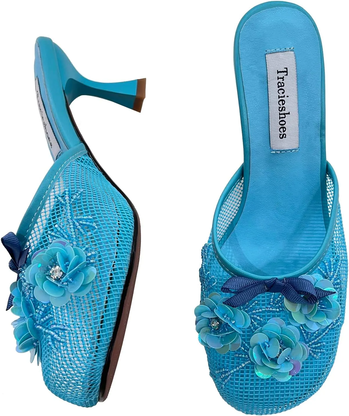 Women's Mesh Mule Slip On Sandals With Floral Sequin Embellishments Round Toe Middle Heel Slides Slippers 2.5 Inch