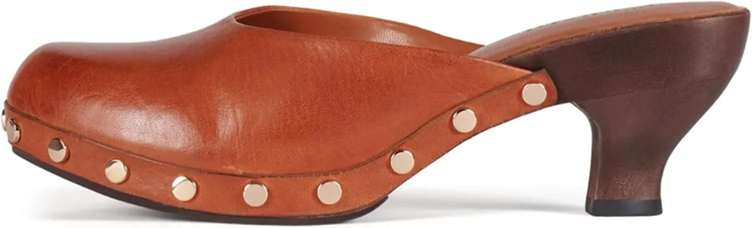 Women's Retro Studded Leather Clogs – Slip-On Mule Sandals with Low Wood Heel – Vintage Comfort Slide Shoes