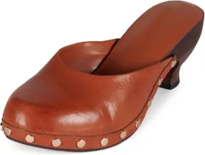 Women's Retro Studded Leather Clogs – Slip-On Mule Sandals with Low Wood Heel – Vintage Comfort Slide Shoes