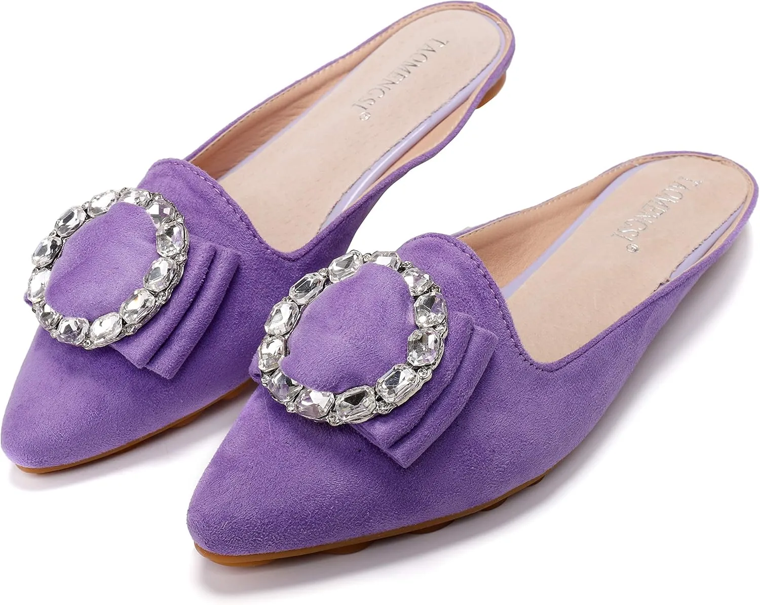 Women's Suede Leather Mules Mules for Woman Rhinestone Flats Comfortable Slip on Women Mule Shoe