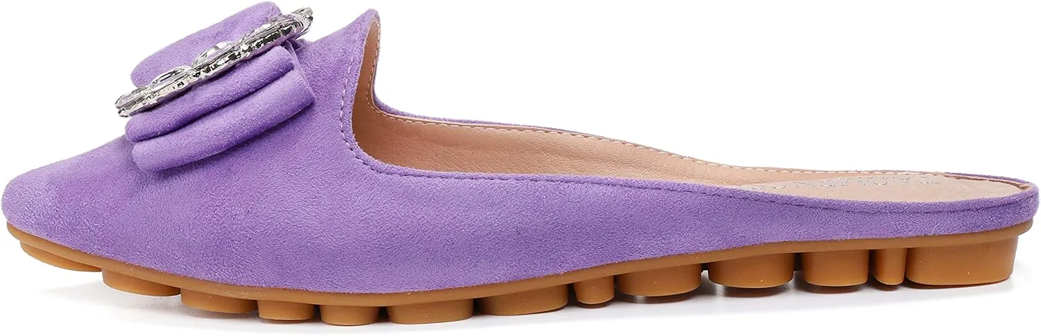 Women's Suede Leather Mules Mules for Woman Rhinestone Flats Comfortable Slip on Women Mule Shoe