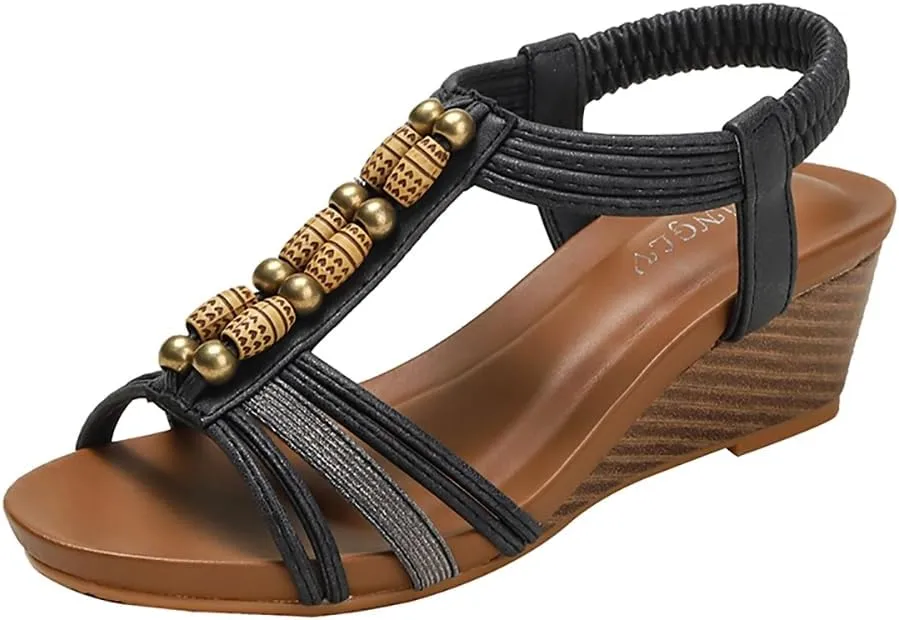 Yenktwei Women’s Wedge Sandals Dressy Bohemian Open Toe Sandals for Women Comfortable Ankle Strap Shoes